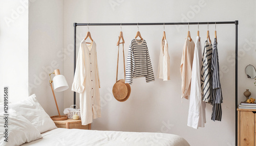 Minimalist clothing rack with neutral-toned garments in bedroom, clothing swap event, recycled, natural wool, cotton, zero waste fashion, consignment shop, vintage, flea market, biodegradable fabrics,