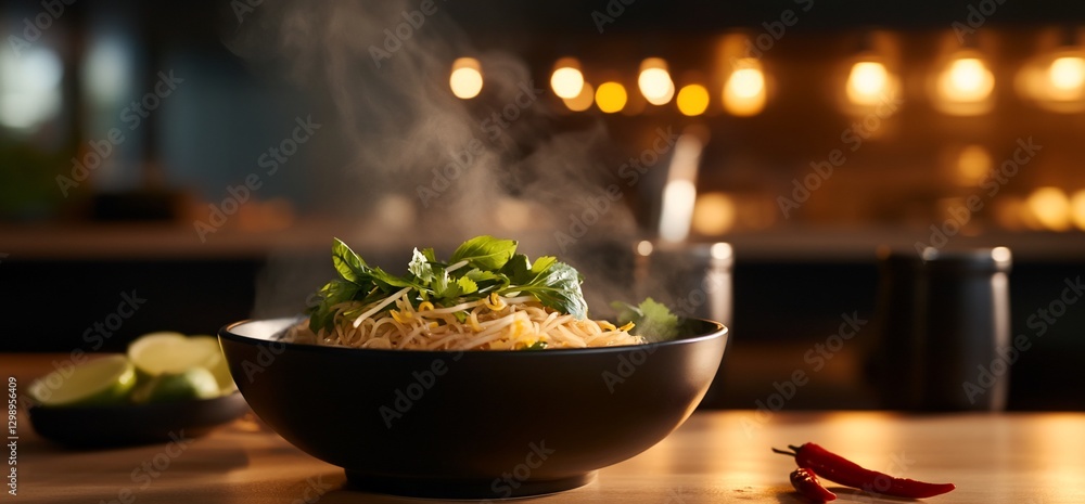 A Delicious Bowl of Steaming Noodles with Fresh Herbs and Lime on a Wooden Table A Delicious Bowl of Steaming Noodles with Fresh Herbs and Lime on a Wooden Table