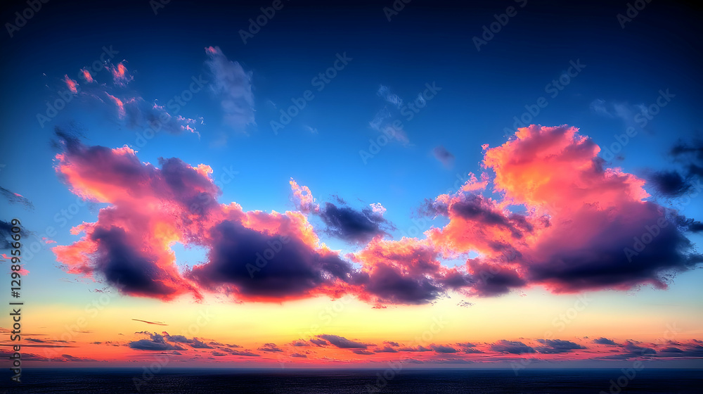 Fototapeta premium Vibrant Sunset Sky Over City Skyline with Orange Clouds and Blue Sky during Twilight