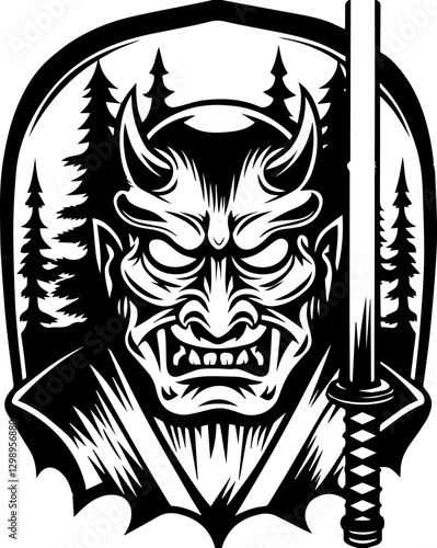 Japanese Oni and Yokai-inspired vector in SVG format.Fierce Demon Illustration with Sword and Forest Background