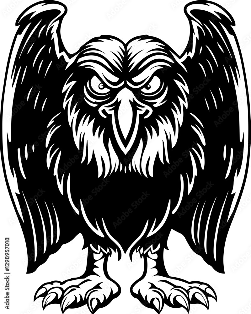 Obraz premium Japanese Oni and Yokai-inspired vector in SVG format.Bold and Fierce Black and White Illustration of a Serious Owl