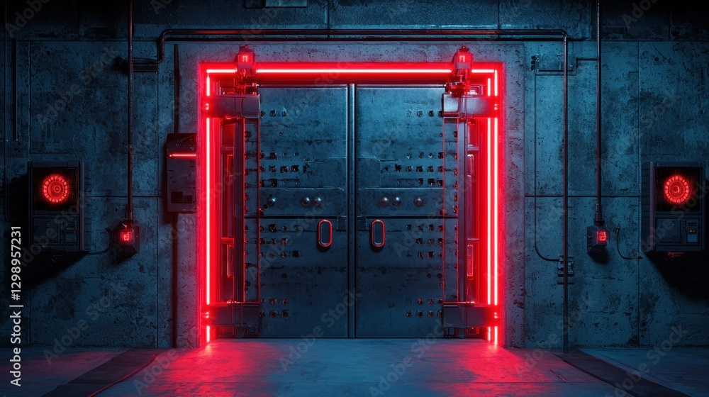 Futuristic Secure Vault Entrance with Neon Red Lights and Industrial Design Elements in a Dark Grunge Environment Futuristic Secure Vault Entrance with Neon Red Lights and Industrial Design Elements in a Dark Grunge Environment