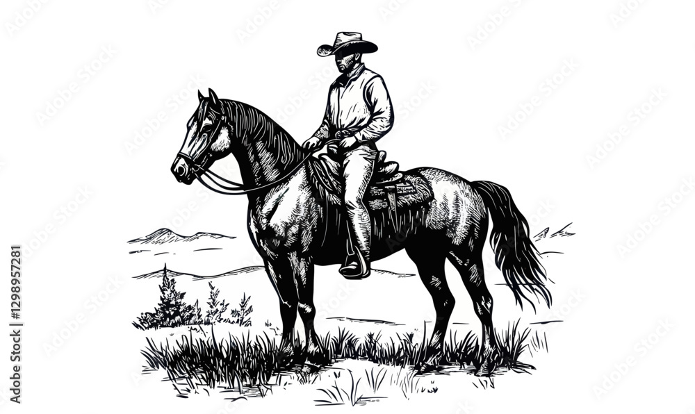 Fototapeta premium Cowboy on Horseback Ink Sketch Vector Illustration Engraving Style Minimalist Design