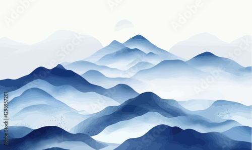 Oriental Luxury Blue Mountain Landscape Vector with Watercolor Brush Texture for Decor