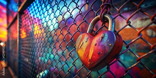 Rusty Heart Padlock Graffiti Fence Drone View - Urban Decay Romance Stock Photo