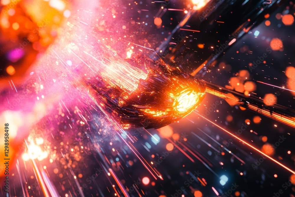 Fototapeta premium A fiery meteor streaking through space, surrounded by bright orange and pink debris trails, creating a dynamic, chaotic scene
