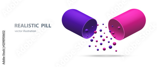 realistic pill, opened capsule, falling medicament, isolated medicine vector