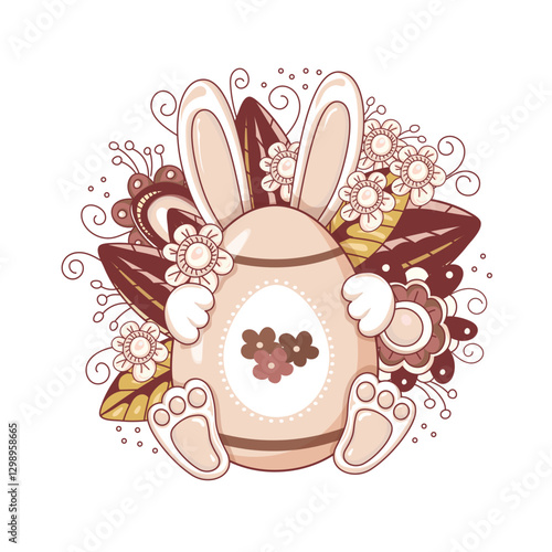 Easter bunny hid behind an egg a background of bright flowers and leaves, isolated on a white background. This Easter egg is decorated with hearts. Hand-drawn. Vector illustration.