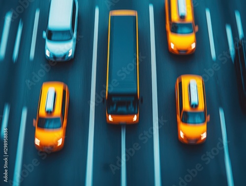 Aerial view of busy urban traffic featuring yellow taxis, a large truck, and several cars on multilane roads. photo