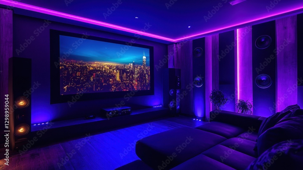 Modern home theater with ambient lighting showcasing a city skyline on a large screen at night Modern home theater with ambient lighting showcasing a city skyline on a large screen at night