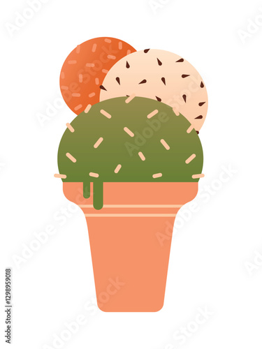 Ice cream gelato in a waffle cup with balls. Vector isolated illustration with cold dessert, ice cream. Summer element, hello summer. Flat design. Cute naive clipart in cartoon kawaii style.