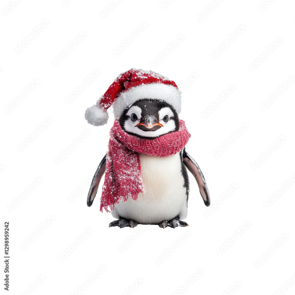 Fototapeta premium Cute Penguin in Santa Hat and Red Scarf for Festive Season