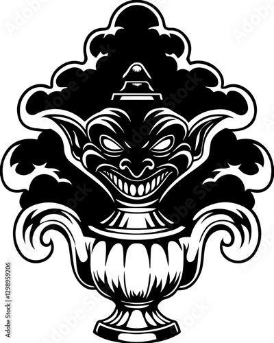Dark fantasy mythological demons and beasts,crafted in SVG vector format. Artistic Monochrome Illustration of a Sinister Goblin Face Design
