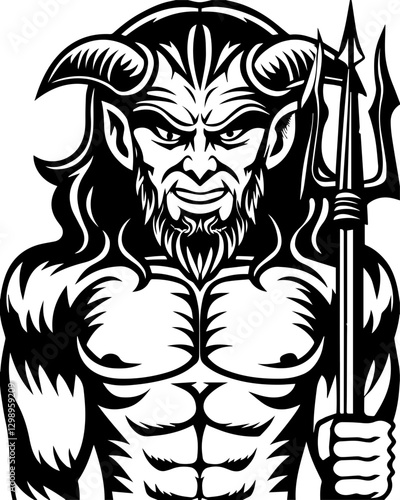 Dark fantasy mythological demons and beasts,crafted in SVG vector format. Strong Mythical Creature with Horns and Trident in Black and White