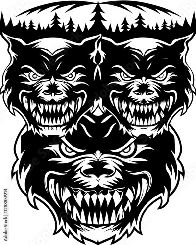 Dark fantasy mythological demons and beasts,crafted in SVG vector format. Fierce Artistic Wolves Design with Forest Background in Black and White
