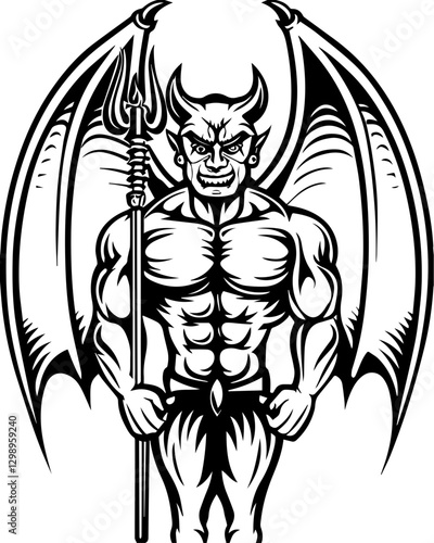 Dark fantasy mythological demons and beasts,crafted in SVG vector format. Muscular Devil Character with Wings and Trident in Black Outline