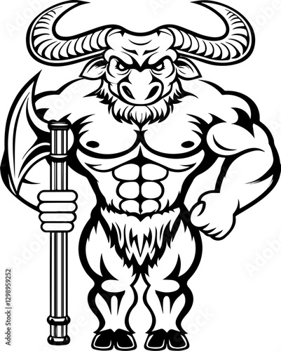 Dark fantasy mythological demons and beasts,crafted in SVG vector format. Muscular Bull Character Holding Axe in Black and White Illustration