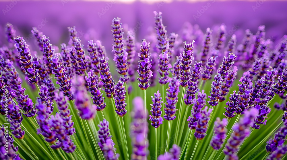 Naklejka premium Close-up of a Purple Lavender Field with Green Stems in Soft Daylight