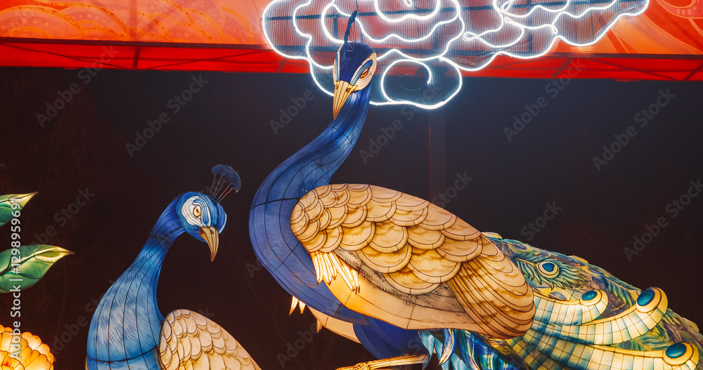 Beijing, China. Zigong Lantern Festival In Beijing. Amazing Glowing Lanterns In Form Of Peacocks. Lantern Festival In Beijing Garden Expo Park. National Intangible Cultural Heritage Of China. Travel