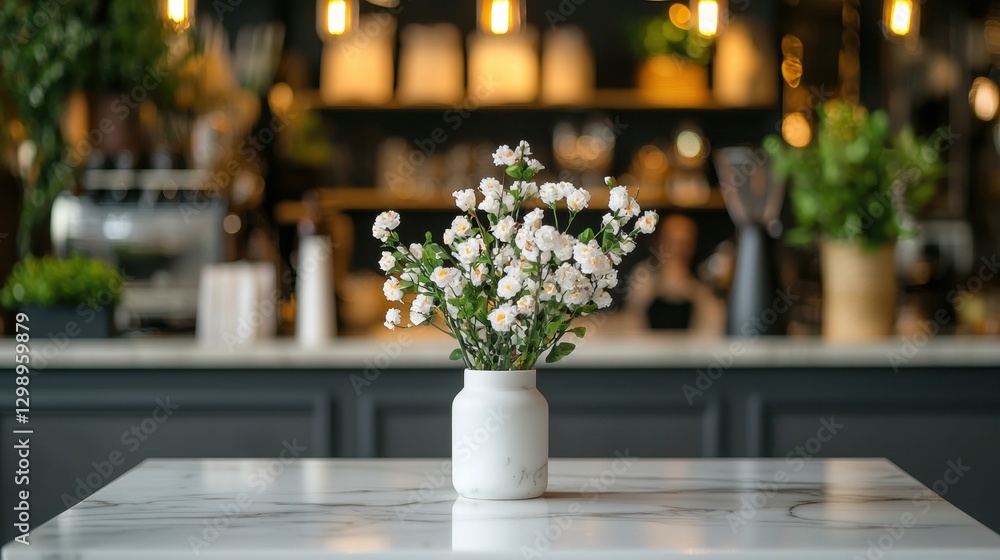 Fototapeta premium Elegant white flowers in a minimalist vase on a modern marble table in a stylish cafe with blurred background ambiance