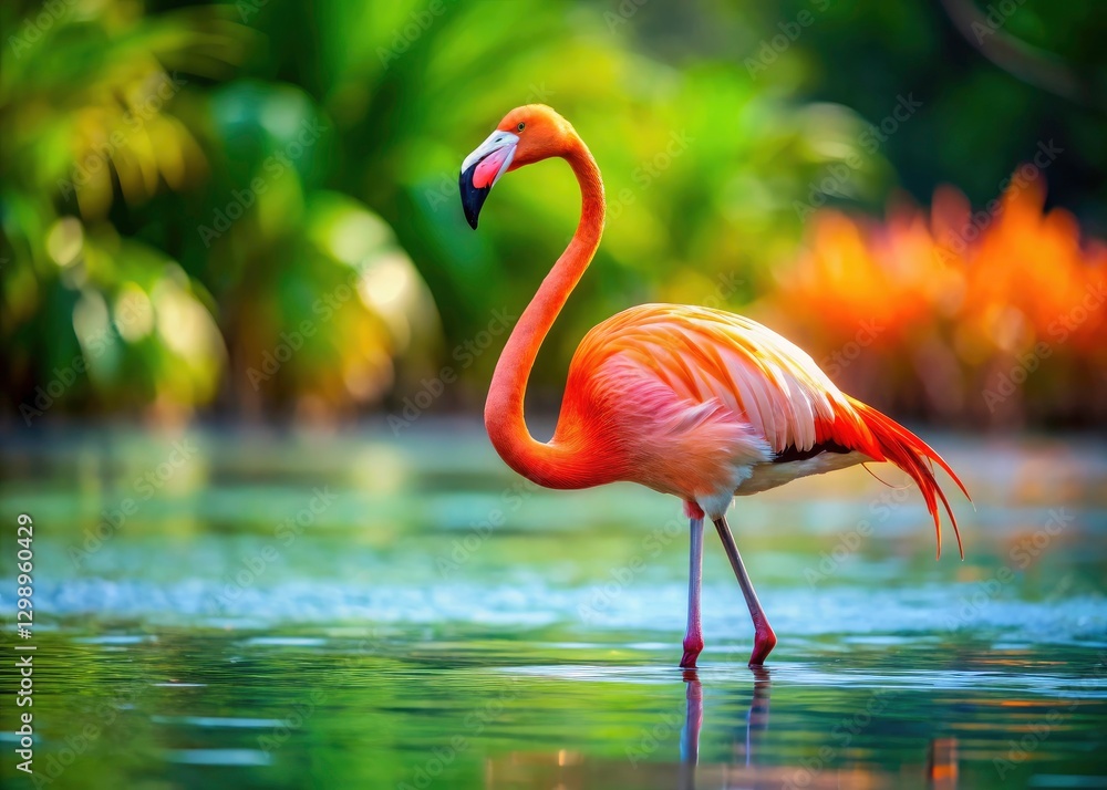 Fototapeta premium Pink Flamingo in Water, Bird Photography, Wildlife Image, Nature Scene, Animal Portrait, Avian, Pink Bird, Waterfowl, Exotic Bird, Tropical Bird