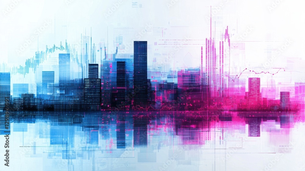 Obraz premium Abstract digital skyline with vibrant blue and pink colors, representing growth, finance, and technology in a modern urban setting, reflecting data visualization trends.