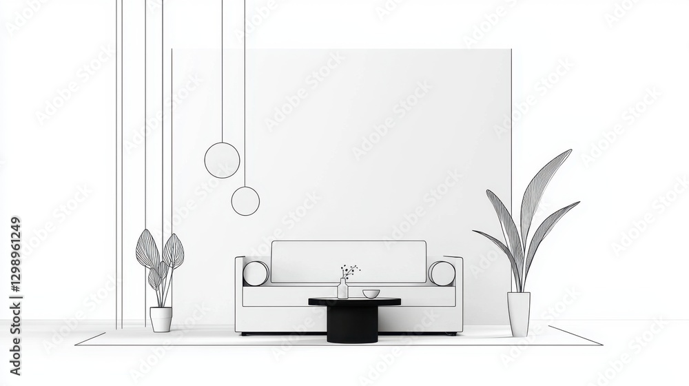 Fototapeta premium Minimalist Living Room Design in Black and White with Indoor Plants and Modern Furniture for Stylish Home Decor Inspiration