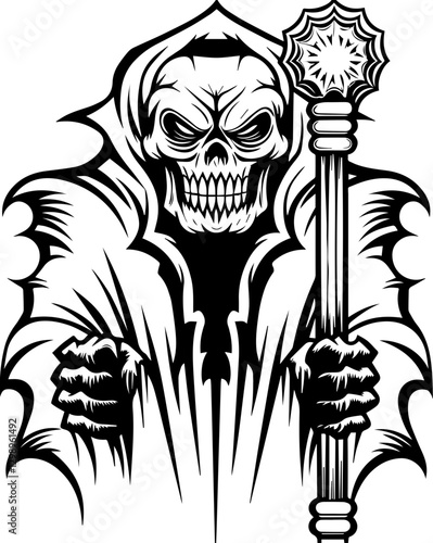 Western demons and hellish creatures in SVG vector format. Grim Reaper Holding Staff in Dramatic Black and White Illustration