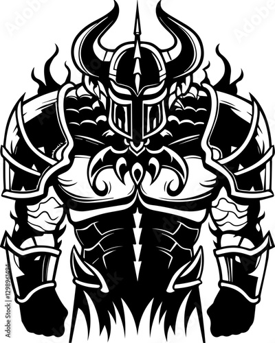 Western demons and hellish creatures in SVG vector format. Dark Warrior in Armor with Horns and Flames, Black and White Art