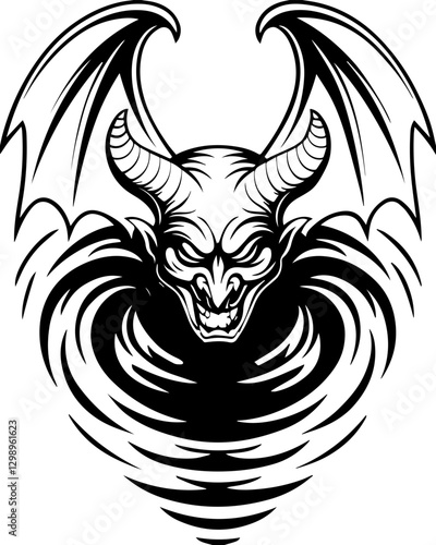 Western demons and hellish creatures in SVG vector format. Dramatic Demon Design with Wings and Swirling Dark Elements