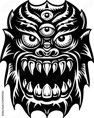 Western demons and hellish creatures in SVG vector format. Fierce Black and White Tribal Monster Face with Three Eyes