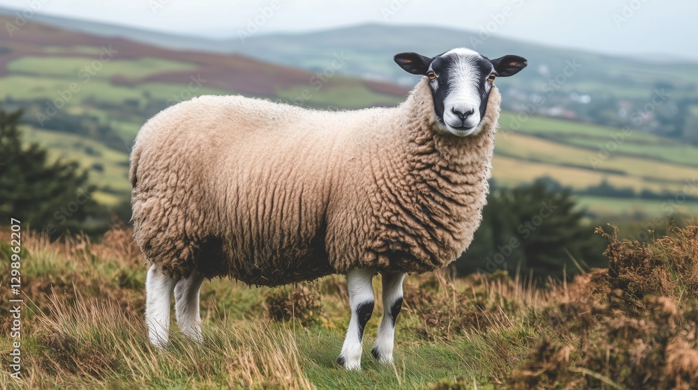 Fototapeta premium A fluffy sheep standing on a grassy hillside with rolling green hills in the background.
