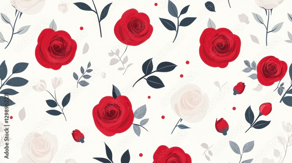 Elegant Floral Pattern with Red and White Roses on a Soft Background Featuring Leaves and Buds for Home Decor or Stationery Design Projects Elegant Floral Pattern with Red and White Roses on a Soft Background Featuring Leaves and Buds for Home Decor or Stationery Design Projects