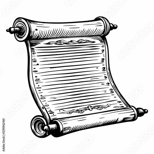 Vintage scroll illustration in black and white, antique parchment, hand drawn, historical document, classic elegance