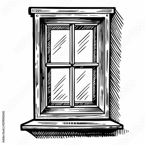 Vintage window sketch with detailed woodwork, monochrome line art style, architectural decor, traditional craftsmanship