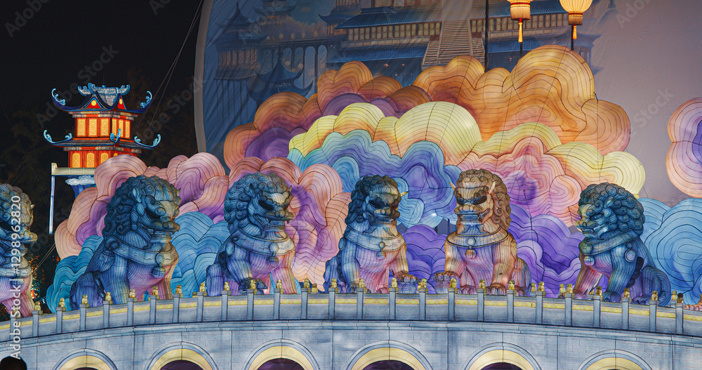 Beijing, China. Zigong Lantern Festival In Beijing. Lanterns Of Chinese Guardian Lions Or Imperial Guardian Lions - Traditional Chinese Architectural Ornament. Lantern Festival In Beijing Garden Expo