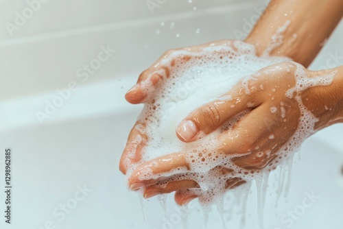 A person washing hands under running water, close-up shot of clean hands and soap bubbles photo