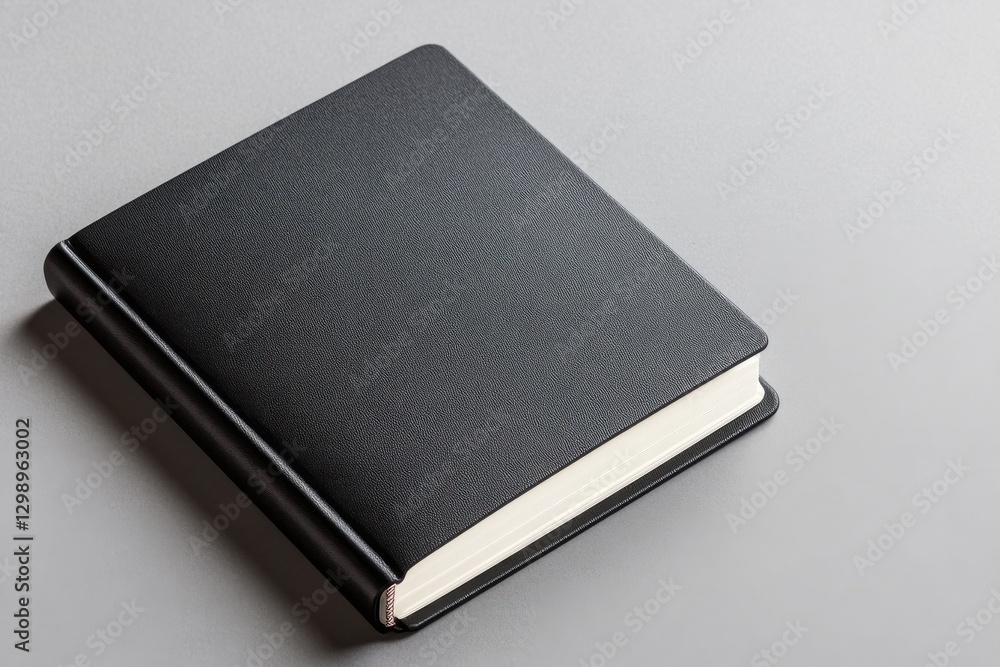 hardcover journal mockup. A closed black notebook on a gray surface, showcasing a textured cover and a white edge. hardcover journal mockup. A closed black notebook on a gray surface, showcasing a textured cover and a white edge.