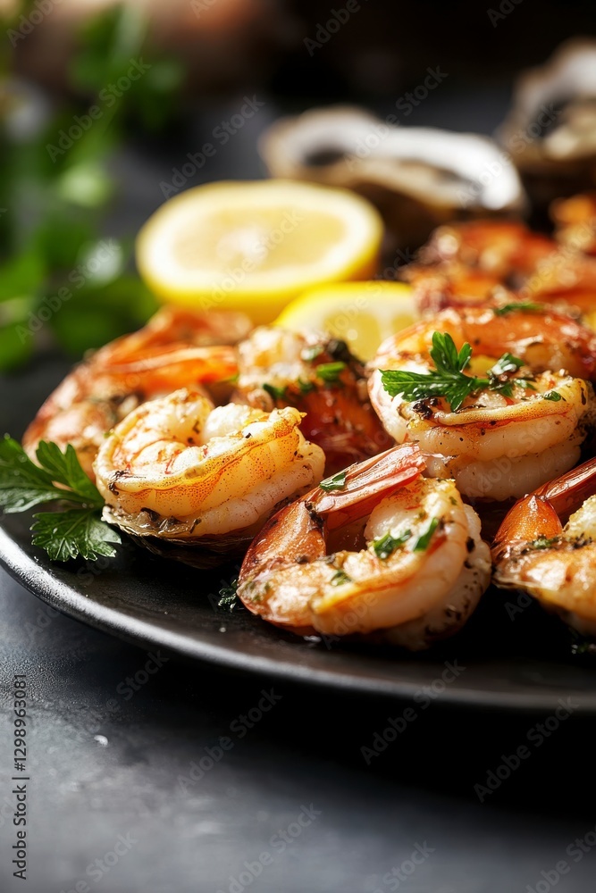 Close Up Of Grilled Shrimp With Lemon And Parsley On Dark Plate Close Up Of Grilled Shrimp With Lemon And Parsley On Dark Plate