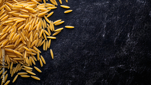 A clean, minimalistic image of orzo pasta scattered on a dark, smooth background, showcasing the neatness of the rice-shaped grains.