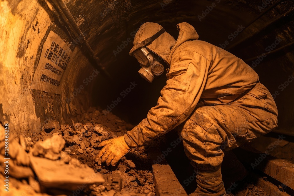 Fototapeta premium A sewer worker in an underground tunnel, wearing protective gear, clearing a massive clog of debris, dim industrial lighting