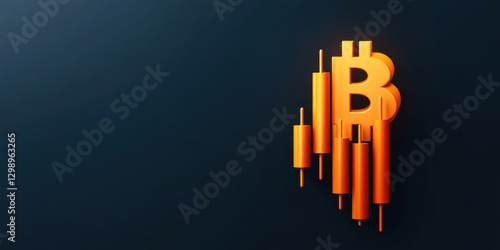 Bitcoin symbol with a gradient effect, surrounded by abstract downward financial trends on a dark background.