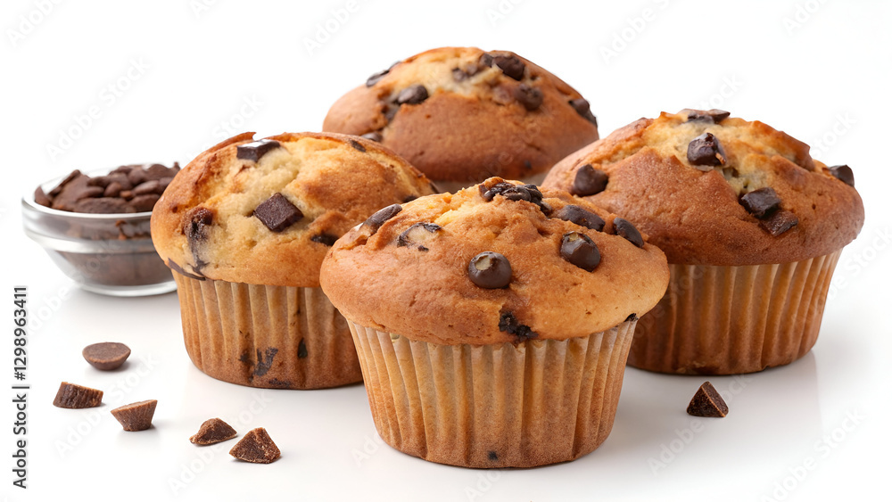 Freshly baked chocolate chip muffins with a golden-brown crust, isolated on a white background with space for text. Freshly baked chocolate chip muffins with a golden-brown crust, isolated on a white background with space for text.