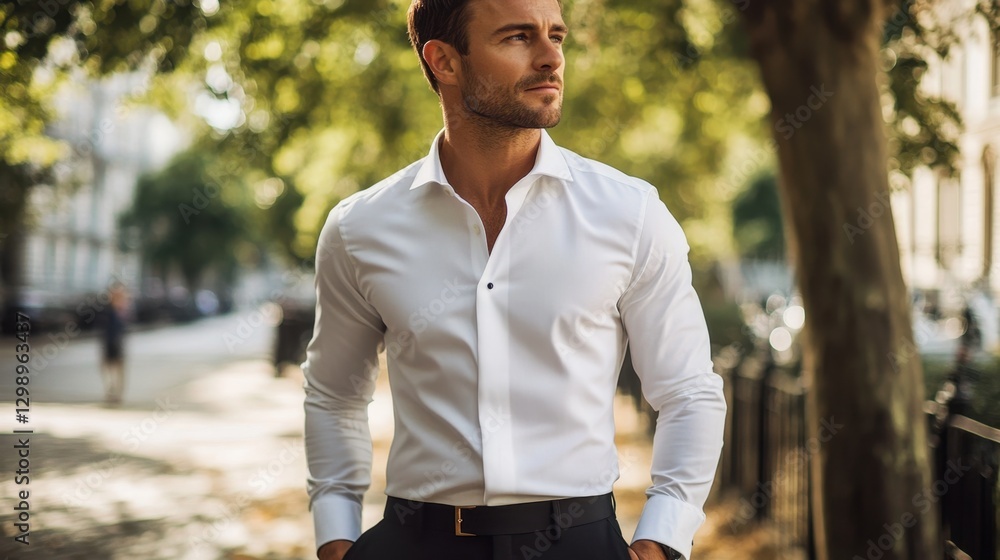 Stylish man in a white shirt walking confidently on a tree-lined city street during daytime Stylish man in a white shirt walking confidently on a tree-lined city street during daytime