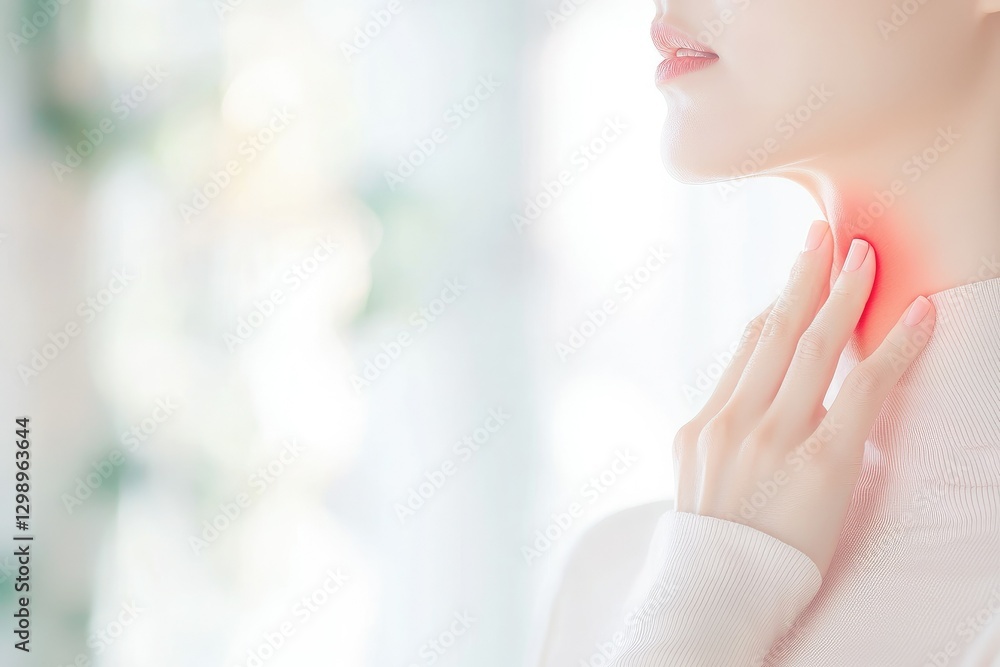 A woman with a sore throat, touching her neck in discomfort, inflamed area subtly glowing red to indicate pain, blurred cozy home background A woman with a sore throat, touching her neck in discomfort, inflamed area subtly glowing red to indicate pain, blurred cozy home background