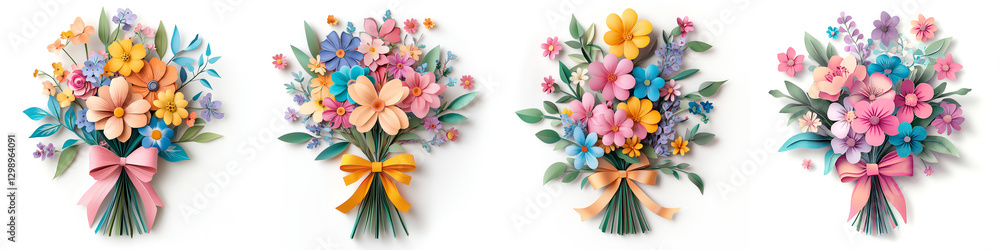 Set of four bouquets of spring flowers in paper cut style Set of four bouquets of spring flowers in paper cut style