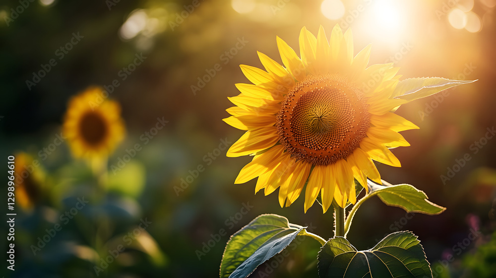 Naklejka premium A close-up of a single sunflower blooming towards the sun in the middle of a summer garden.