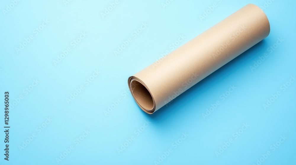 Rolled beige paper on light blue surface Rolled beige paper on light blue surface