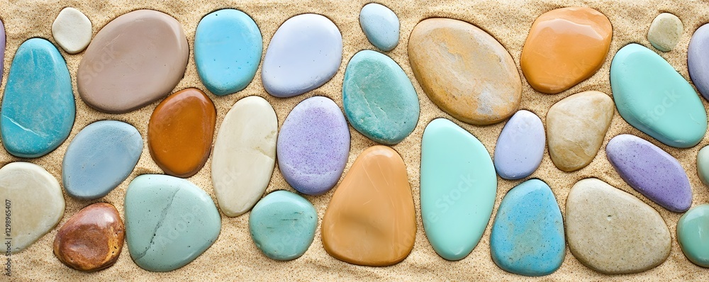 Polished colorful stones arranged on a bed of light sand Polished colorful stones arranged on a bed of light sand