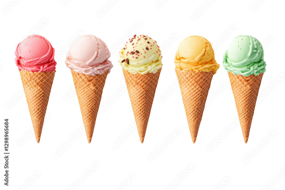 Ice cream scoop on waffle cone isolated on transparent or white background, png Ice cream scoop on waffle cone isolated on transparent or white background, png